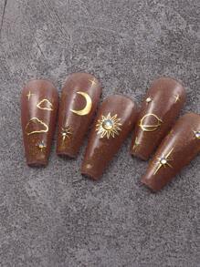 3D金屬閃耀明亮古銅銀星金指甲藝術貼紙，2入組圖騰雲月星奢華指甲自粘貼紙，家用指甲貼紙DIY - 金色 - 查看 4