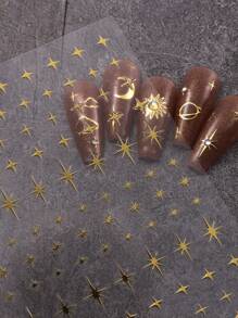 3D金屬閃耀明亮古銅銀星金指甲藝術貼紙，2入組圖騰雲月星奢華指甲自粘貼紙，家用指甲貼紙DIY - 金色 - 查看 7