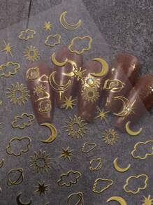 3D金屬閃耀明亮古銅銀星金指甲藝術貼紙，2入組圖騰雲月星奢華指甲自粘貼紙，家用指甲貼紙DIY - 金色 - 查看 10