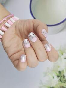 淺粉色按壓式指甲，24入組短橢圓形閃光假指甲和 1入組指甲銼和 1 張膠帶 - 淺粉色 - 查看 1