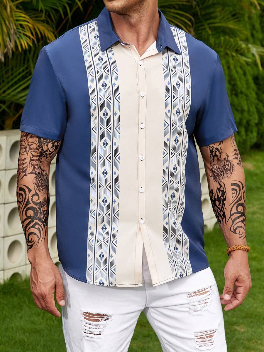 Manfinity RSRT Áo sơ mi Nam Nút phía trước Hình học Bộ lạc Boho - Nhiều màu - Xem 1