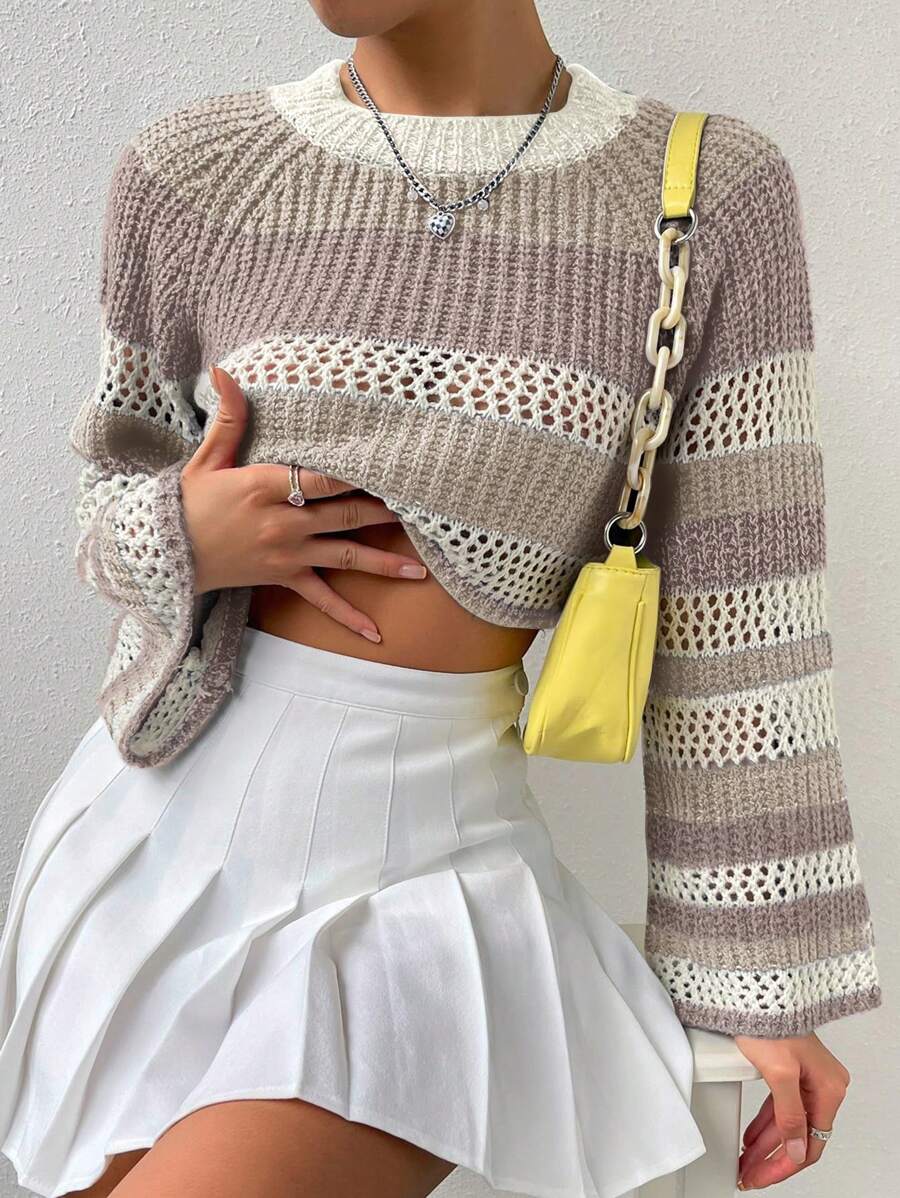 SHEIN Qutie 撞色插肩袖網眼針織短款毛衣