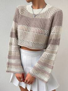 SHEIN Qutie 撞色插肩袖網眼針織短款毛衣