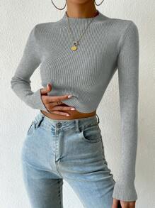 Chiquease Áo len cổ cao dáng ngắn, chất liệu dệt kim gân, thích hợp cho mùa thu đông. - Xám - Xem 5