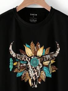 INAWLY Floral & Cow Print Tee Graphic Tees Women Tops - Black - View 4