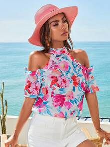 SHEIN VCAY Blusa con estampado floral de hombros descubiertos ribete con fruncido