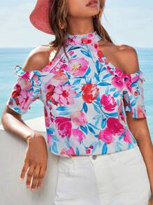 SHEIN VCAY Blusa con estampado floral de hombros descubiertos ribete con fruncido