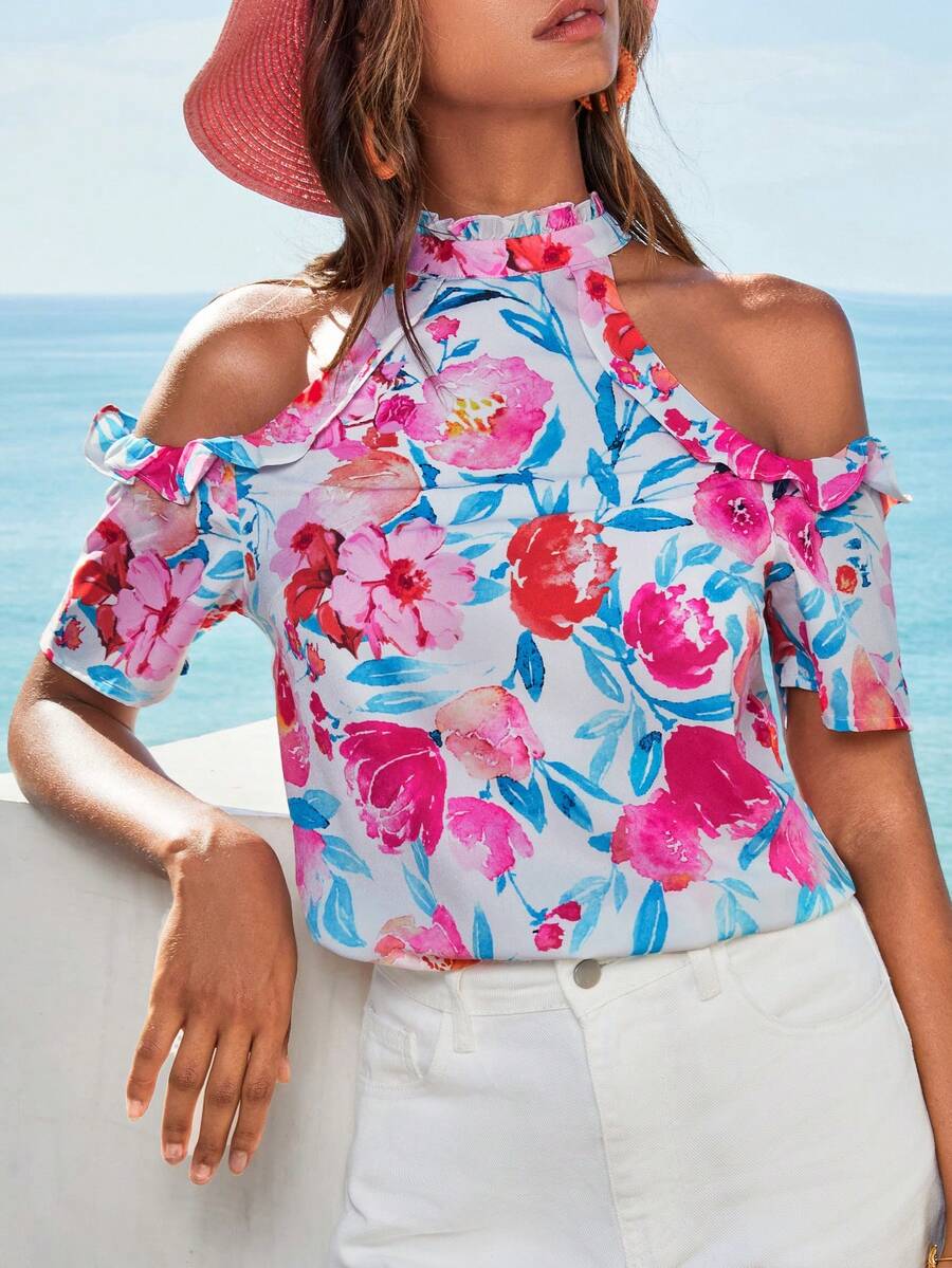 SHEIN VCAY Blusa con estampado floral de hombros descubiertos ribete con fruncido