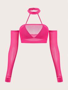 SHEIN ICON Top unicolor de cuello halter crop de malla - Rosa Fucsia - Ver 1