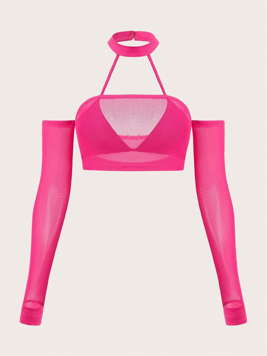 SHEIN ICON Top unicolor de cuello halter crop de malla - Rosa Fucsia - Ver 1