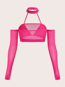 SHEIN ICON Top unicolor de cuello halter crop de malla - Rosa Fucsia - Ver 2