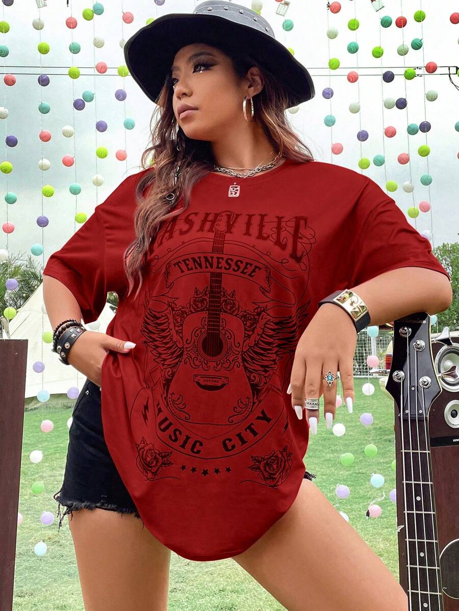 Flirla Áo thun Plus size Đồ họa Lá thư Giải trí - Màu Đỏ Sâu - Xem 1