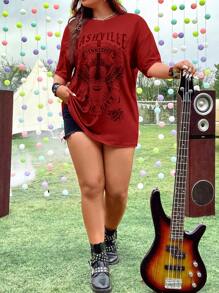 Flirla Áo thun Plus size Đồ họa Lá thư Giải trí - Màu Đỏ Sâu - Xem 6