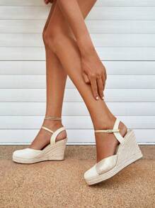 Styleloop Women Two Tone Ankle Strap Shoes, Vacation Outdoor Canvas Court Wedges - Gold - View 4