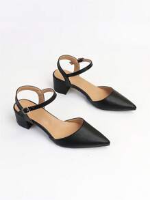 女士极简踝带高跟鞋，尖头粗跟优雅高跟鞋，优雅 - 黑色 - 查看 6