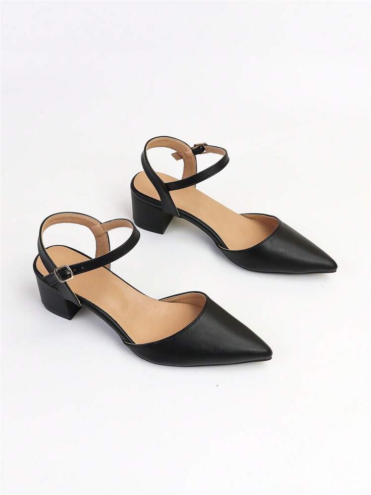 Women Minimalist Ankle Strap Pumps, Point Toe Chunky Heeled Elegant Pumps, Elegant - Black - View 5