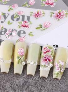 粉紅芙蓉花美甲貼紙，5D 浮雕春夏花卉滑塊美甲貼花凝膠拋光美甲 - 彩色 - 查看 2