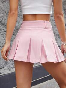 Solid Pleated Hem Skirt Tennis Skirt - Baby Pink - View 2