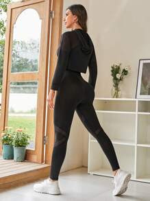 Gameset SHEIN Sport 对比色网眼抽绳连帽短款运动套装 女士健身套装 女士紧身裤套装 - 黑色 - 查看 2