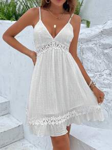 Breezaya Contrast Lace Ruffle Hem Cami Dress Mini Short Vacation Beach Outfits Women