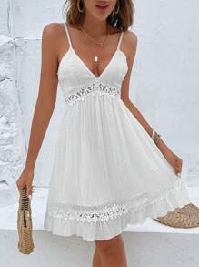 Breezaya Contrast Lace Ruffle Hem Cami Dress Mini Short Vacation Beach Outfits Women
