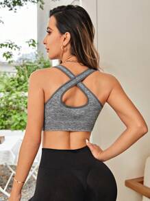 Yoga Basic 撞色滾邊鏤空運動型文胸 - 灰色 - 查看 2