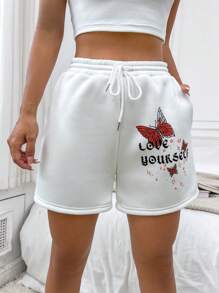 SHEIN Unity Butterfly & Slogan Graphic Drawstring Waist Track Shorts - White - View 1