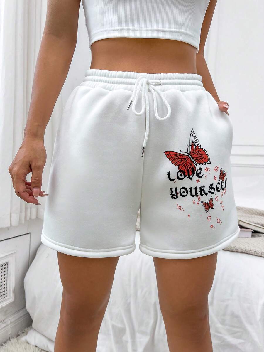 SHEIN Unity Butterfly & Slogan Graphic Drawstring Waist Track Shorts - White - View 1