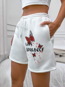 SHEIN Unity Butterfly & Slogan Graphic Drawstring Waist Track Shorts - White - View 3