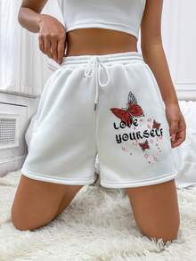SHEIN Unity Butterfly & Slogan Graphic Drawstring Waist Track Shorts - White - View 5