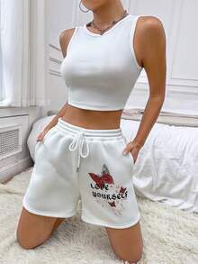 SHEIN Unity Butterfly & Slogan Graphic Drawstring Waist Track Shorts - White - View 6