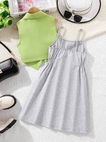 SHEIN 女孩大翻領夾克和蝴蝶圖案吊帶連衣裙 - 彩色 - 查看 2