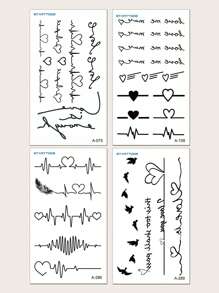 4入組黑色線條藝術心跳,愛心,飛鳥和字樣圖案暫時紋身貼紙,適用於手指,耳朵,頸部,手腕 - 黑色 - 查看 2