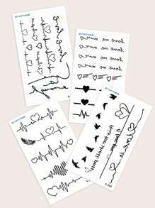 4入組黑色線條藝術心跳,愛心,飛鳥和字樣圖案暫時紋身貼紙,適用於手指,耳朵,頸部,手腕 - 黑色 - 查看 7