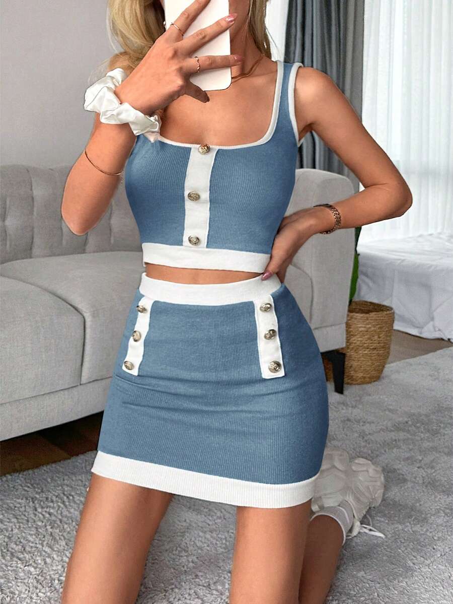 Cottnline Contrast Trim Button Detail Tank Top & Bodycon Skirt - Blue - View 1