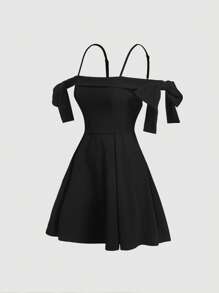 SHEIN MOD Đầm Lộ Lưng Thắt nút Dây kéo Uốn nếp màu trơn Thanh lịch - màu đen - Xem 3