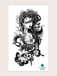 件女士黑色長髮紋身貼紙，手臂/身體蝴蝶和花卉設計 - 黑色 - 查看 2
