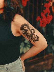 件女士黑色長髮紋身貼紙，手臂/身體蝴蝶和花卉設計 - 黑色 - 查看 4