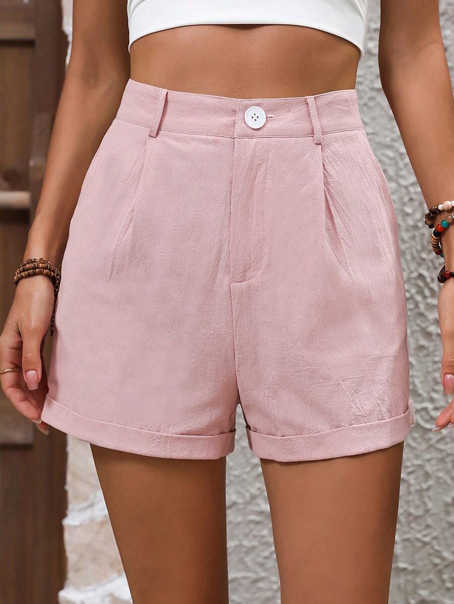 SHEIN LUNE Solid Plicated Detail Roll Up Hem Shorts
