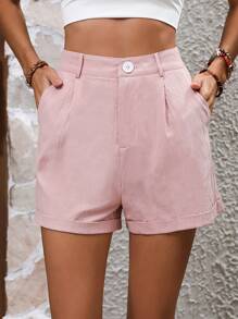 SHEIN LUNE Solid Plicated Detail Roll Up Hem Shorts