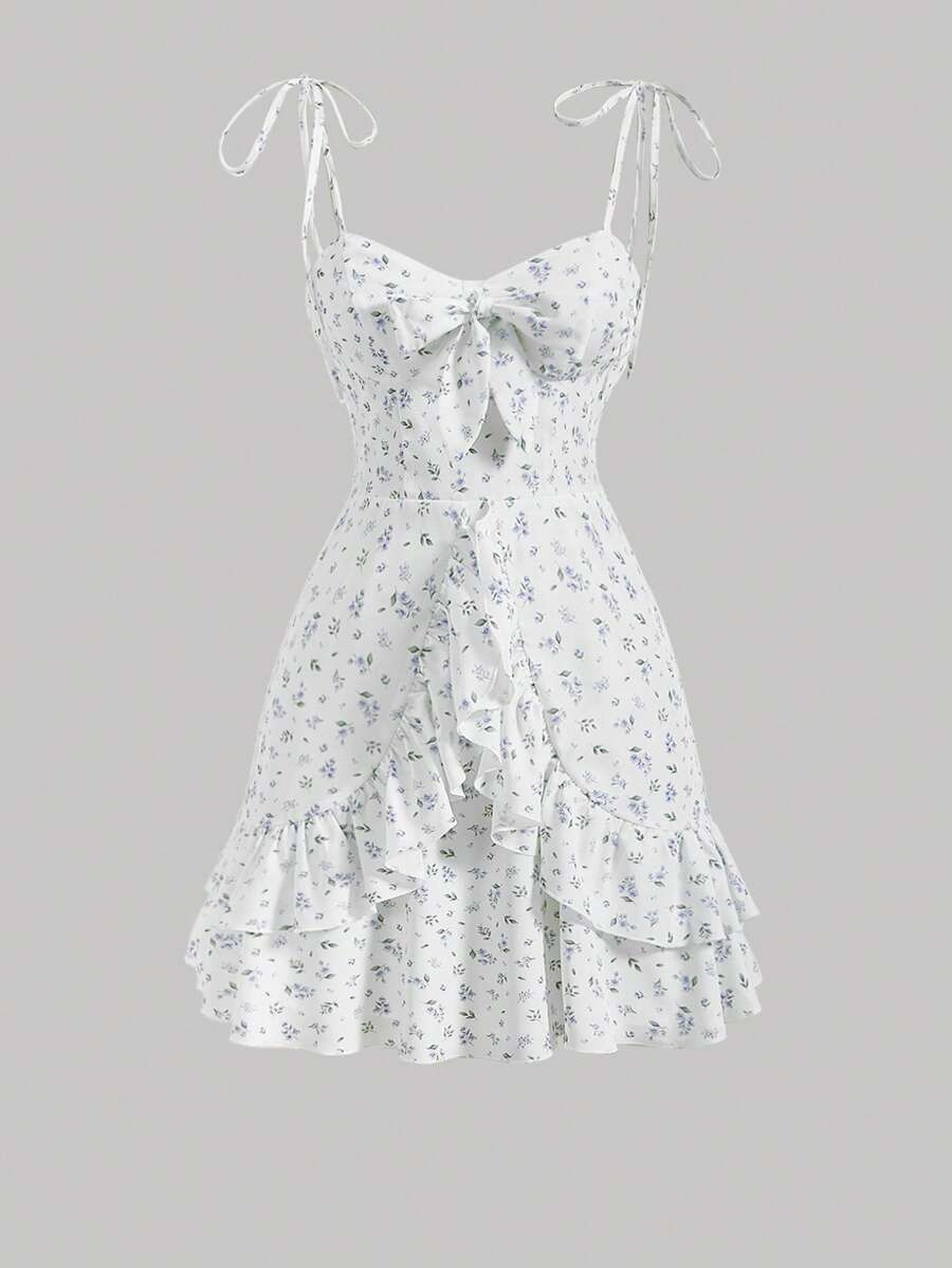 SHEIN MOD Ditsy Floral Print Tie Shoulder Ruffle Hem Cami Dress - Multicolor - View 1