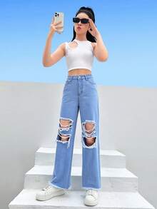 SHEIN 青少年女孩破洞毛邊直筒牛仔褲 - 淺色水洗藍 - 查看 3