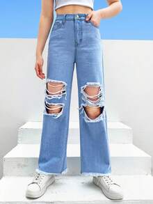 SHEIN 青少年女孩破洞毛邊直筒牛仔褲 - 淺色水洗藍 - 查看 4