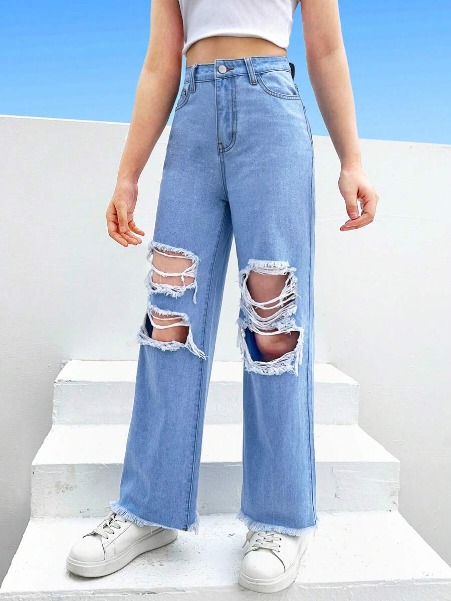 SHEIN 青少年女孩破洞毛邊直筒牛仔褲 - 淺色水洗藍 - 查看 1