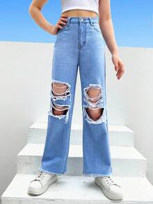 SHEIN 青少年女孩破洞毛邊直筒牛仔褲 - 淺色水洗藍 - 查看 7