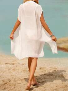 Swim Vcay Summer Beach Button Front Split Thigh Batwing Sleeve Kimono - White - View 3