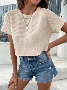 SHEIN VCAY Spring Solid Batwing Sleeve Crop Tee - Apricot - View 5