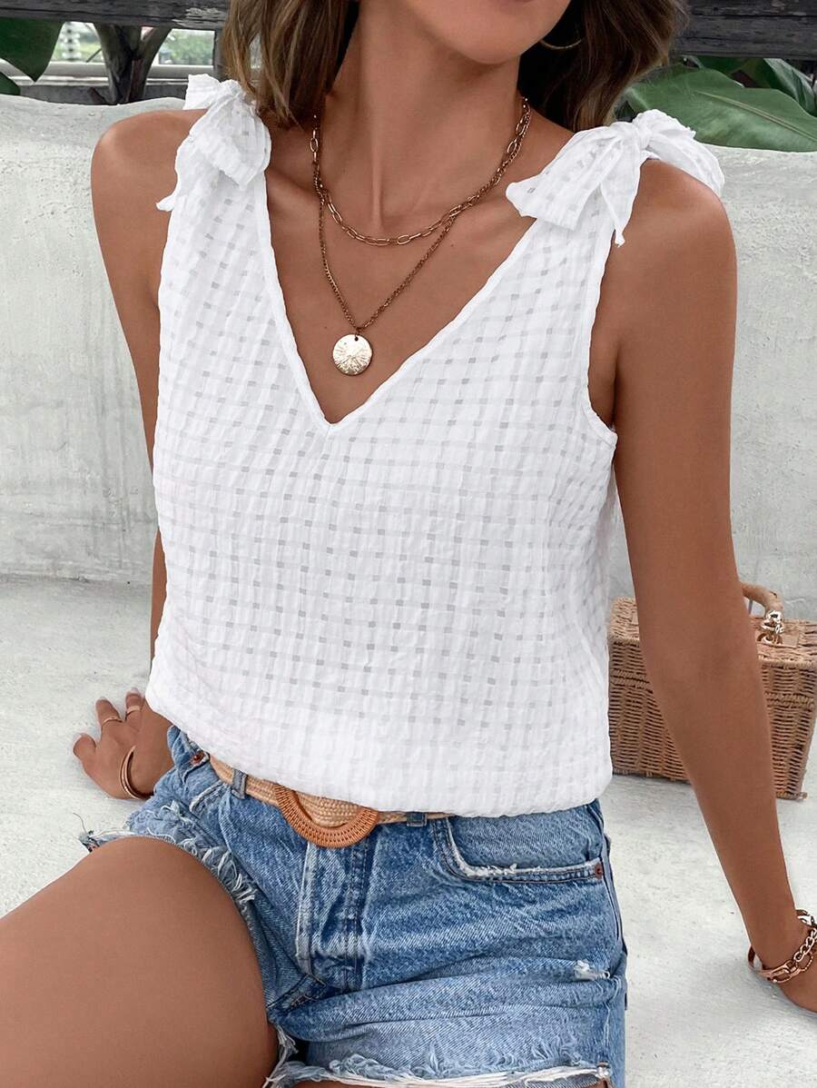 SHEIN VCAY Solid Knot Shoulder Blouse - White - View 1