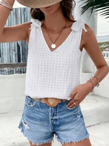 SHEIN VCAY Solid Knot Shoulder Blouse - White - View 3