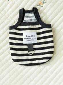 1入組條紋印花寵物背心適用於狗狗和貓適合夏天 - 黑與白 - 查看 2
